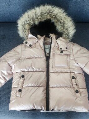 Sam Edelman Girls' Shimmer Pink Puffer Coat with Faux Fur Hood
